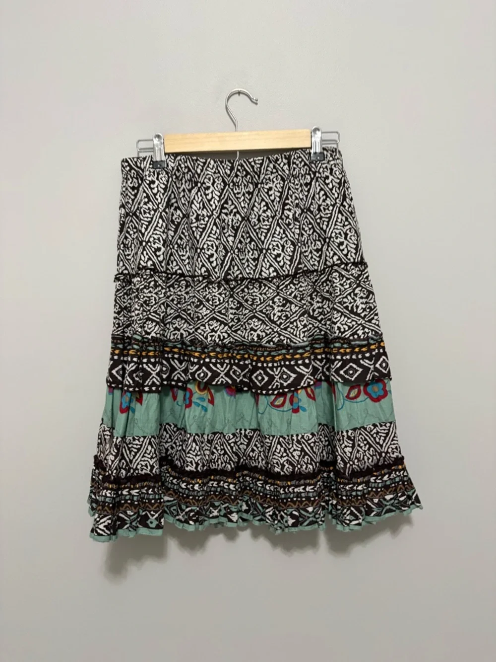 Vintage Boho Indie Hippie Festival Cotton Tiered Brown Teal Print Petite Skirt